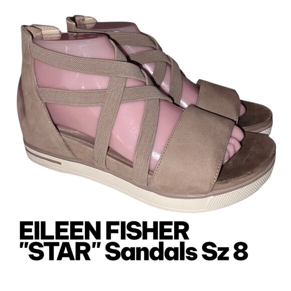 EILEEN FISHER STAR Sz 8 Tan Criss Cross Stretchy Straps Zip Up Heels Sandals - Picture 1 of 13